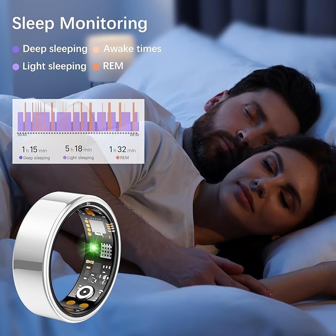 Smart Health Ring for Women Men, Fitness Tracker Ring with Heart Rate, Blood Oxygen, Sleep Tracker, Step Tracker, No Subscription Fee, IP68 Waterproof Smart Ring for iPhone & Android (Silver, 7#)