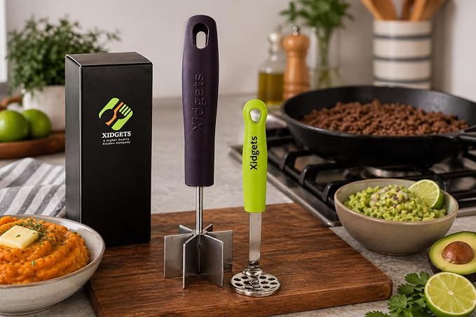2pc Gift Set | Large Stainless Steel Meat Chopper & Masher | 6-Blade Ground Beef Chopper Tool & Mini Avocado Masher | Heat Resistant Grip | Dishwasher Safe (Midnight Plum/Zippy Green)
