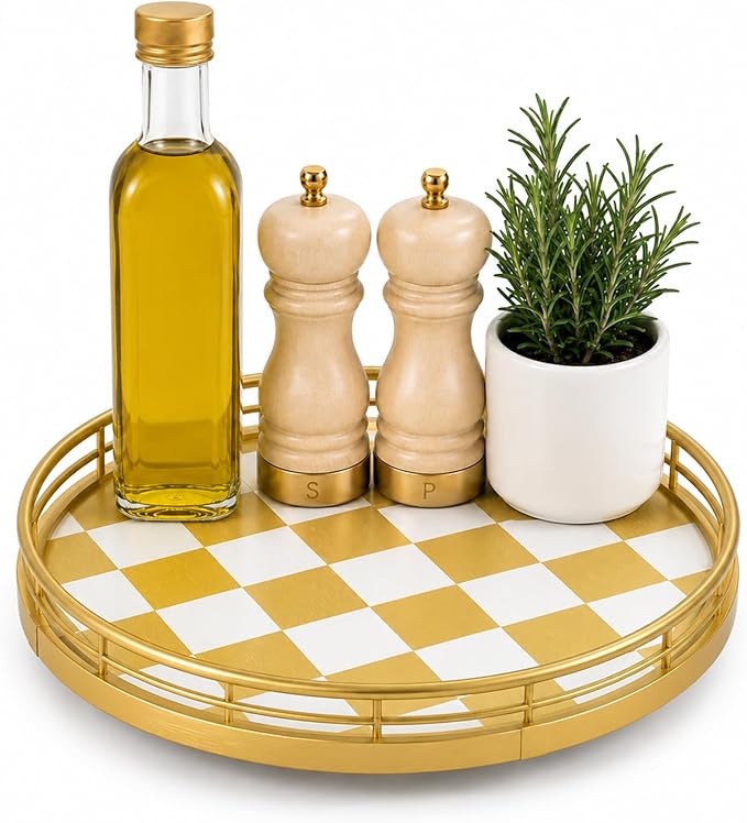 9 Inch Gold Lazy Susan Turntable Organizer, Kitchen Counter Spice Rack Organizer, Rotating Seasoning Tray for Cabinet Pantry, Farmhouse Round Decorative Serving Tray with Guard Rail