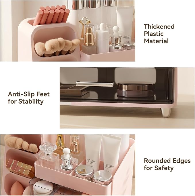 Brothersbox Makeup Organizer with Brush Holder for Vanity, Large Countertop Skincare Storage with 2 Drawers, Holds Lipsticks, Nail Polishes, Perfumes, Brushes - Gift for Women, Pink
