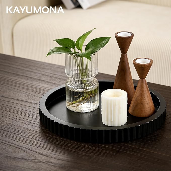 Modern Decorative Tray for Coffee Table, 11" Wooden Black Round Small Decor Tray for Candle, Perfume, Vanity, Kitchen Island Counter & Table Centerpiece