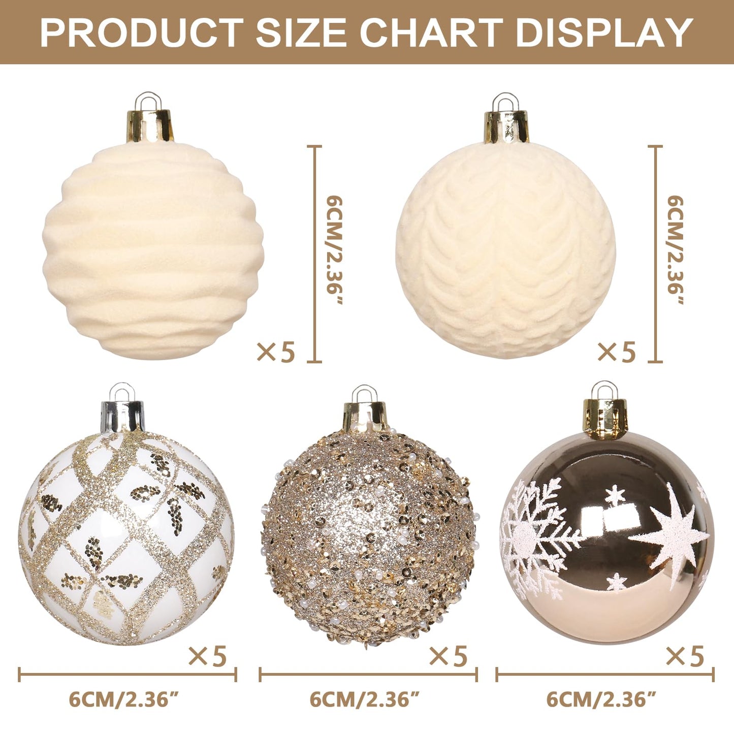 YINGQIWISH 2.36In Velvet Christmas Ball Ornaments, 25PCS Champagne Flocked Christmas Tree Hanging Decorations, for Home Holiday Wedding Indoor Xmas Party Decor.
