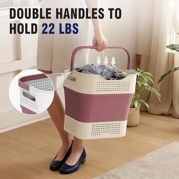 TECHMILLY Collapsible Plastic Laundry Basket Hamper with Handles, 35L Portable Rubber Clothes Basket, Pop Up Storage Container/Organizer with Hanging basket for Washing & Storage, Red