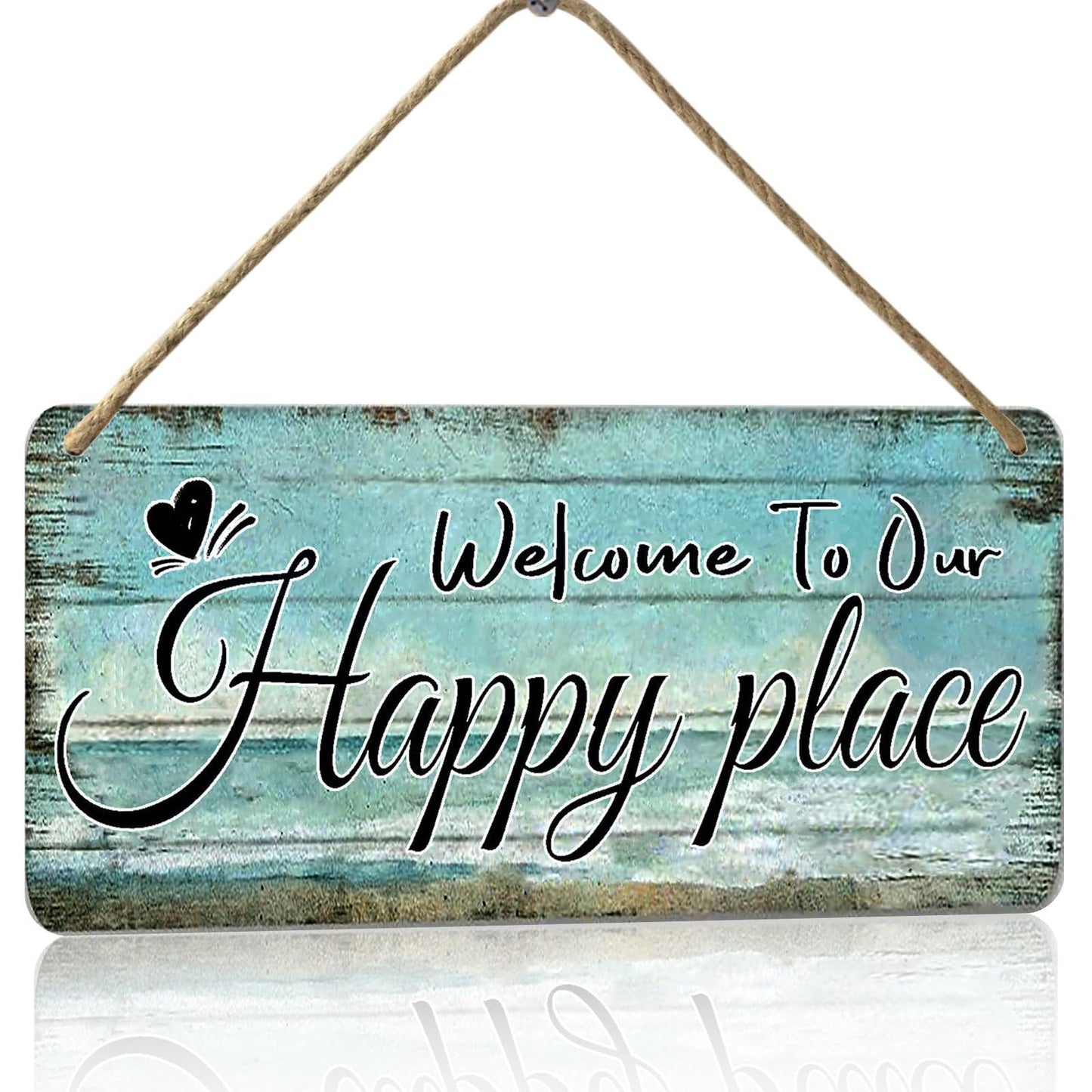 Welcome To Our Happy Place Sign Personalized Front Door Signs For Home Decor Wooden Hanging Sign Beach Signs Patio Wall Decor Summer Wood Porch Sign House Welcome Door Sign 6x12 Inch