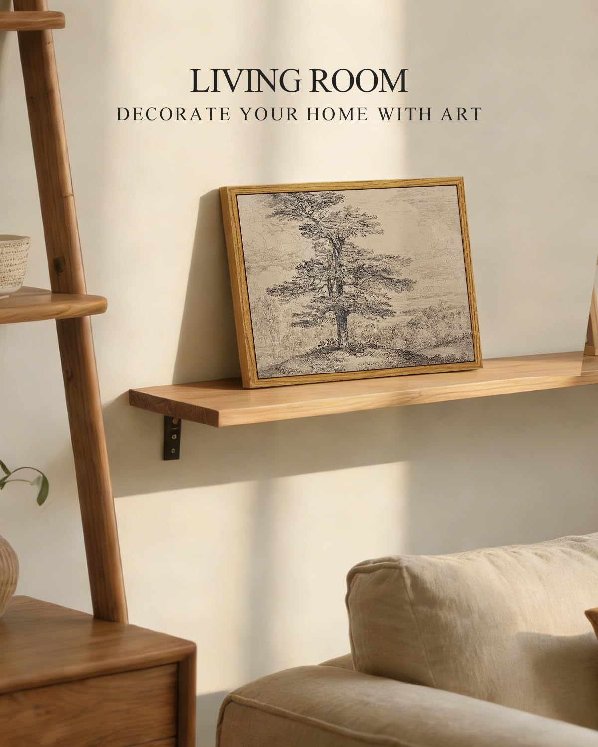 InSimSea Framed Canvas Wall Art, Neutral Sketch Tree Painting, Rustic Nature Scenery Decor for Living Room Shelf Hallway,10x8 in, Beige Tones