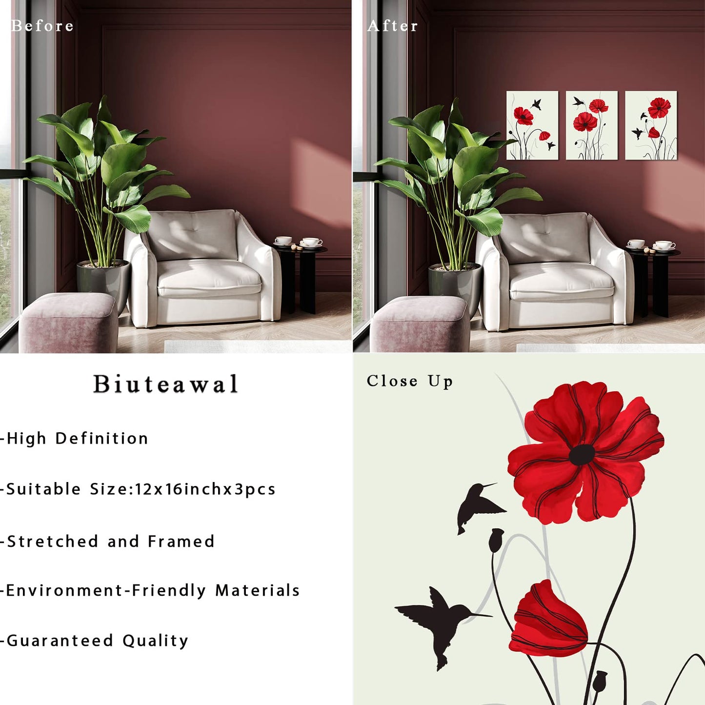 Biuteawal 3 Panels Red Poppy Picture Prints on Canvas Hummingbird with Flower Painting Wall Art Retro Flower Artwork Home Dining Room Bedroom Bathroom Framed Ready to Hang