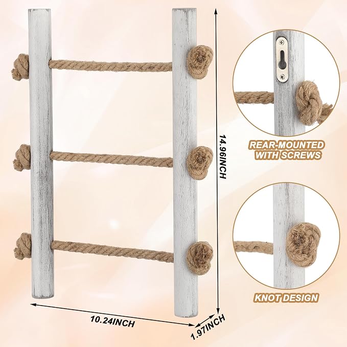Junkin Ladder Rustic Hand Towel Holder Whitewashed Solid Wood and Rope Farmhouse Bathroom Decor Small Blanket Ladder Wall Mounted Towel Rack for Home Bathroom Decor