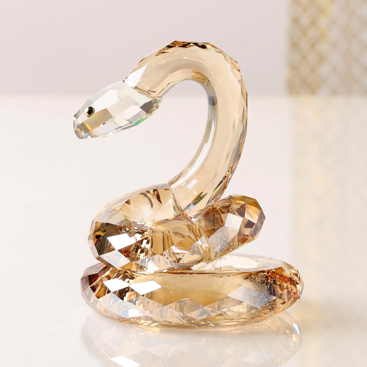 DOJOZ Crystal Coiled Snake Realistic Animal Holiday Collection Table top Ornament Home Decor Collectible Figurines Christmas New Year Gifts (Gold)