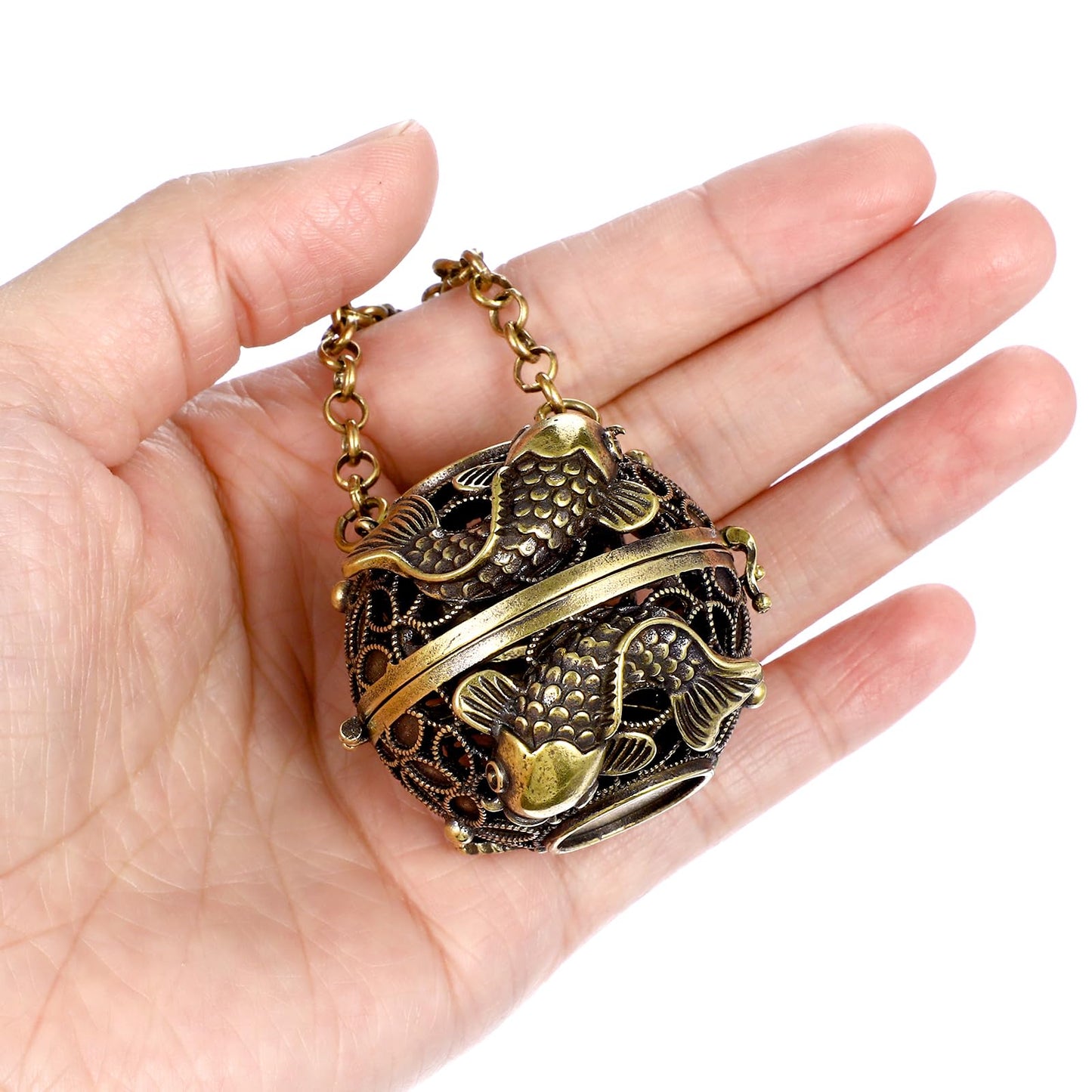 PRETYZOOM Hanging Backflow Incense Burner Ball Shaped Carved Fish Cone Incense Holder Cone Incense Copper Frankincense Burner Hollow Aromatherapy Furnace for Home Office Decoration