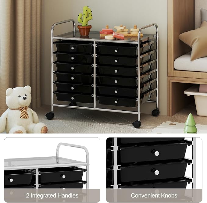 COSTWAY 12-Drawer Rolling Storage Cart, Utility Storage Organizer Cart for Tools, Scrapbook, Paper, Craft, Multipurpose Art Supply Organizer on Wheels for Home Office School, Teacher, Black
