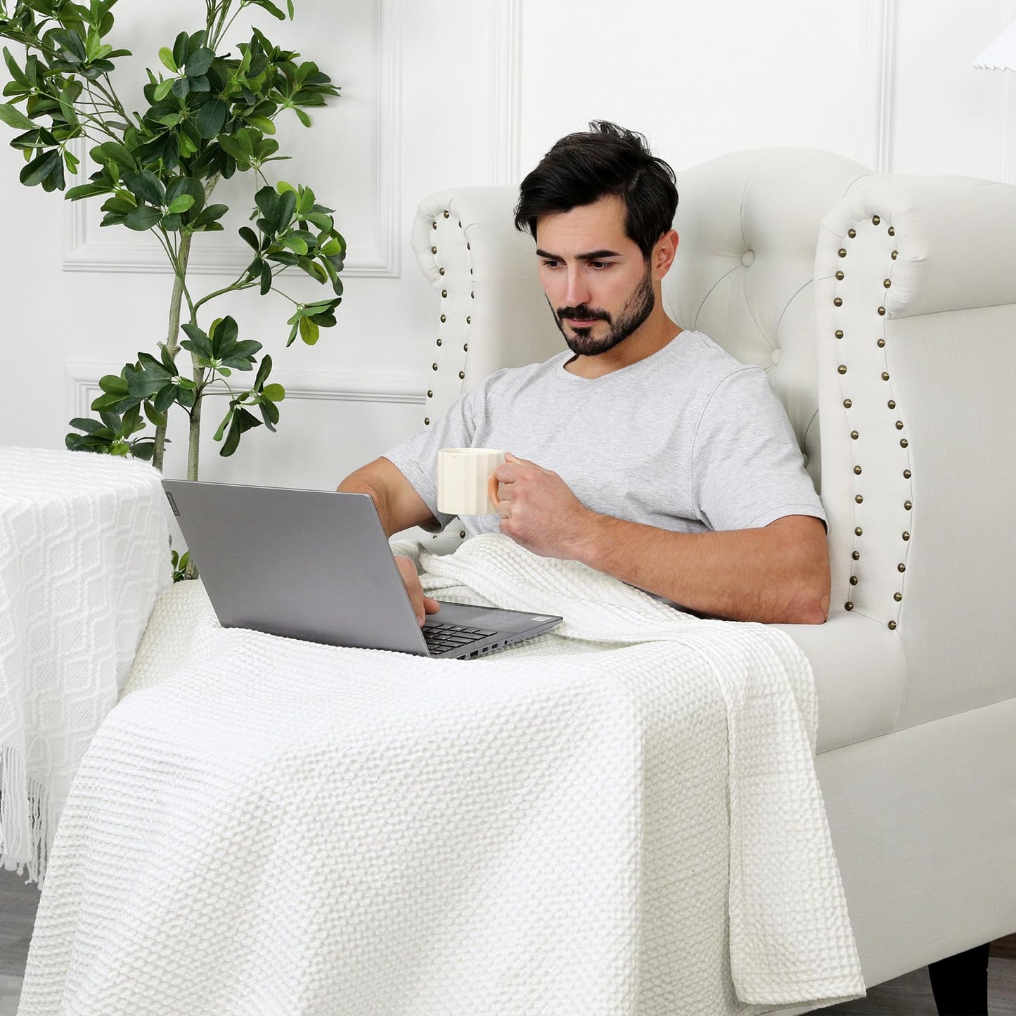 PHF Pre-Washed Cotton Waffle Weave Blanket Throw Size for Couch Bed,Snag Proof Spring Summer Lightweight Breathable,Oeko-TEX Certified,Machine Washable, Home Decor Gift，Cream