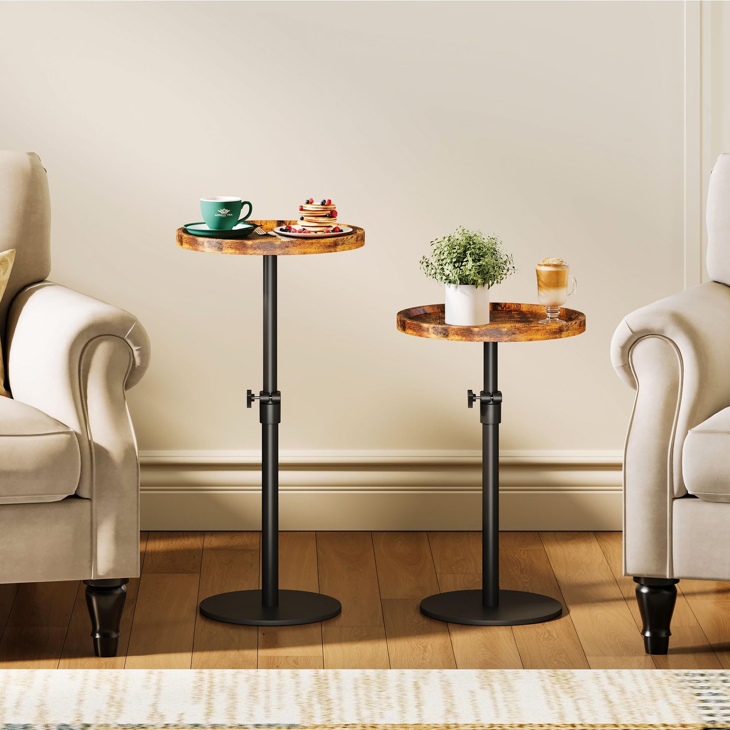 Homeiju Adjustable Round Side Table, Pedestal End Table for Small Spaces, Wooden Couch Table, Tall Drink Table for Living Room, Bedroom, Patio, Brown