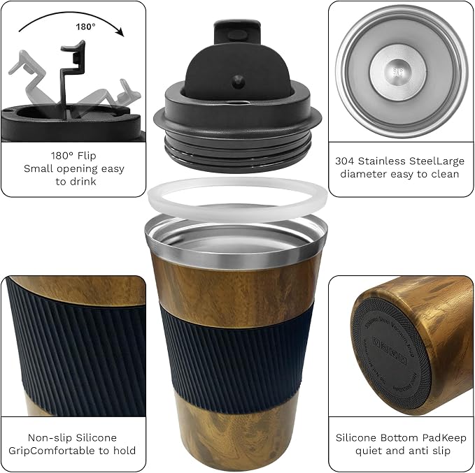YINBAOGE Insulated Travel Coffee Mug, Spill & Leak Proof, Portable To Go Camping Stainless Steel Coffee Tumbler, Reusable Thermal Coffee Cup with Lid for Hot & Cold Drinks (Wood Grain, 12 OZ)