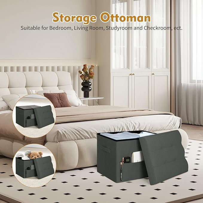 BelugaHelper Small Ottoman with Storage, Foldable Ottoman Foot Rest Stool with Thicker Foam Padded Seat. Linen Storage Bench for Bedroom Living Room, Holds Up to 300 lbs, 17x13x13IN(Black Green)