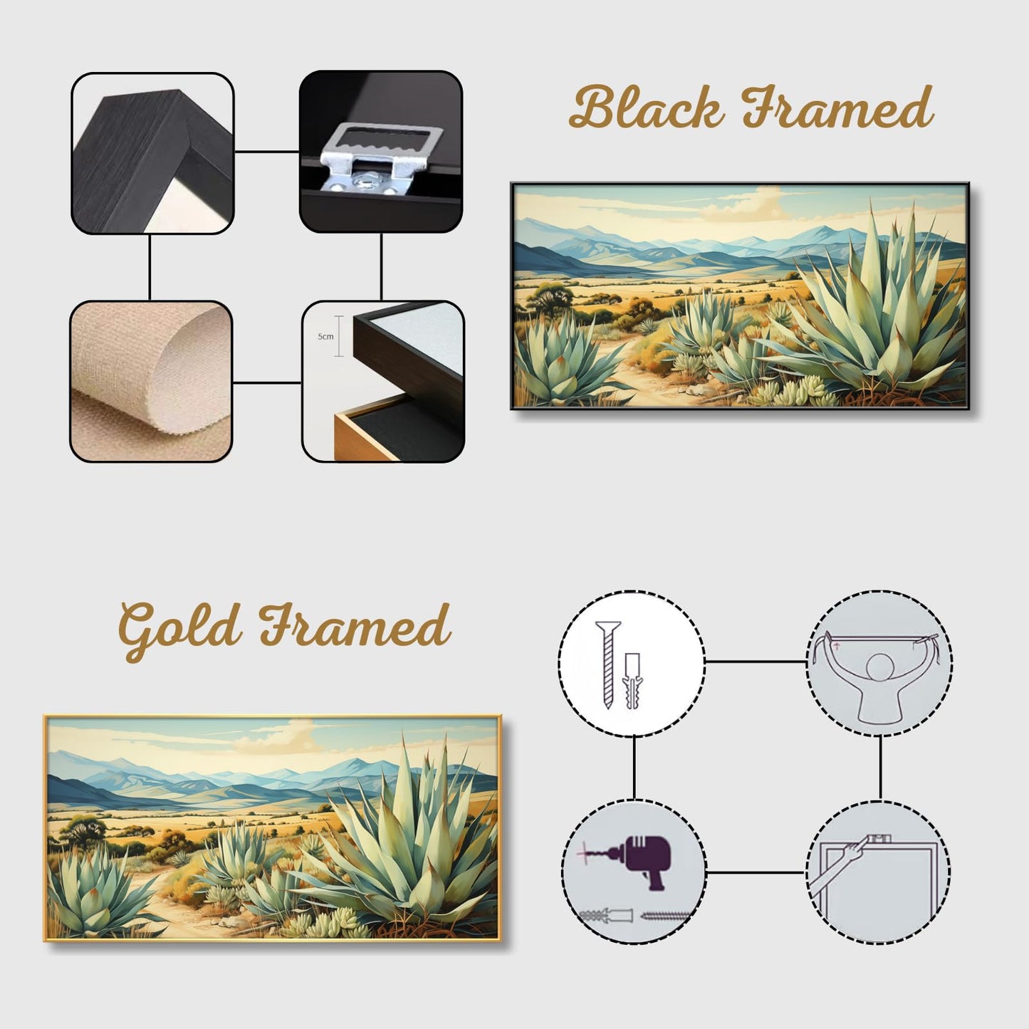 Desert Canvas Wall Art, Agave Desert Canvas Wall Art, Cactus Desert Canvas Wall Art, Desert Paintings on Canvas, Desert Wall Art, Desert Landscape Wall Art, Cactus Wall Art, Desert Southwest Decor (Gold Framed, 47"x 23"| 120x60cm )