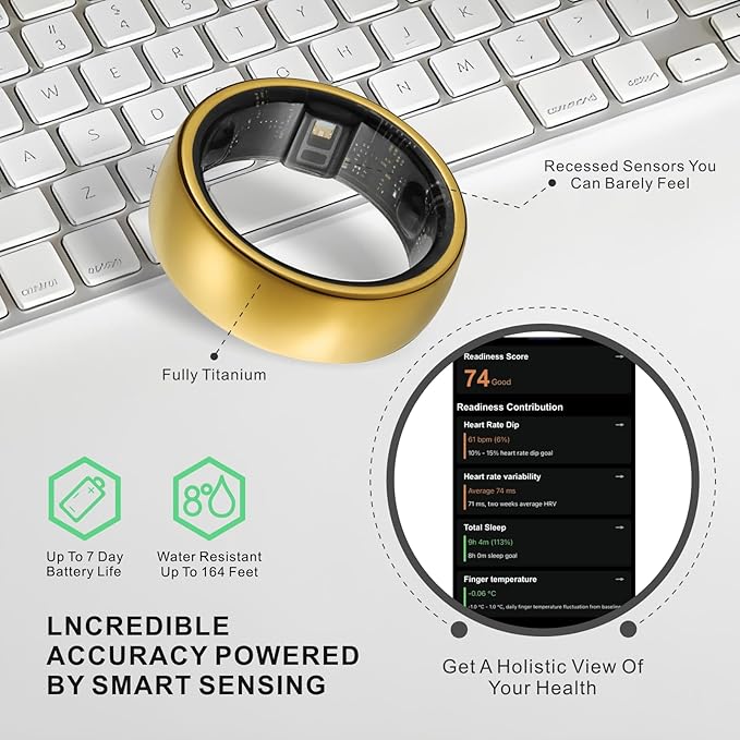 Smart Ring, Activity Trackers, Sleep Ring, Fitness Tracking, Stress Tracker, Heart Rate, Meditation, Temperature, Respiratory, No App Subscription, Women, Men, iOS, Android (Golden, 8)
