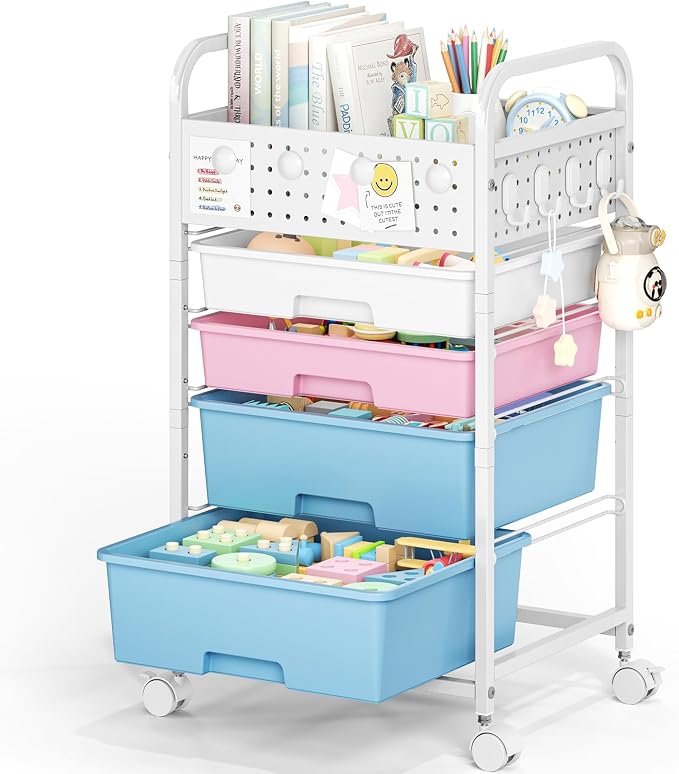 4 Drawer Rolling Storage Cart with Pegboard Top and Hooks, Mobile Organizer Cart with Wheels for Office Supplies, Craft Storage, Classroom Organization, Home Utility Cart, Pink&Blue