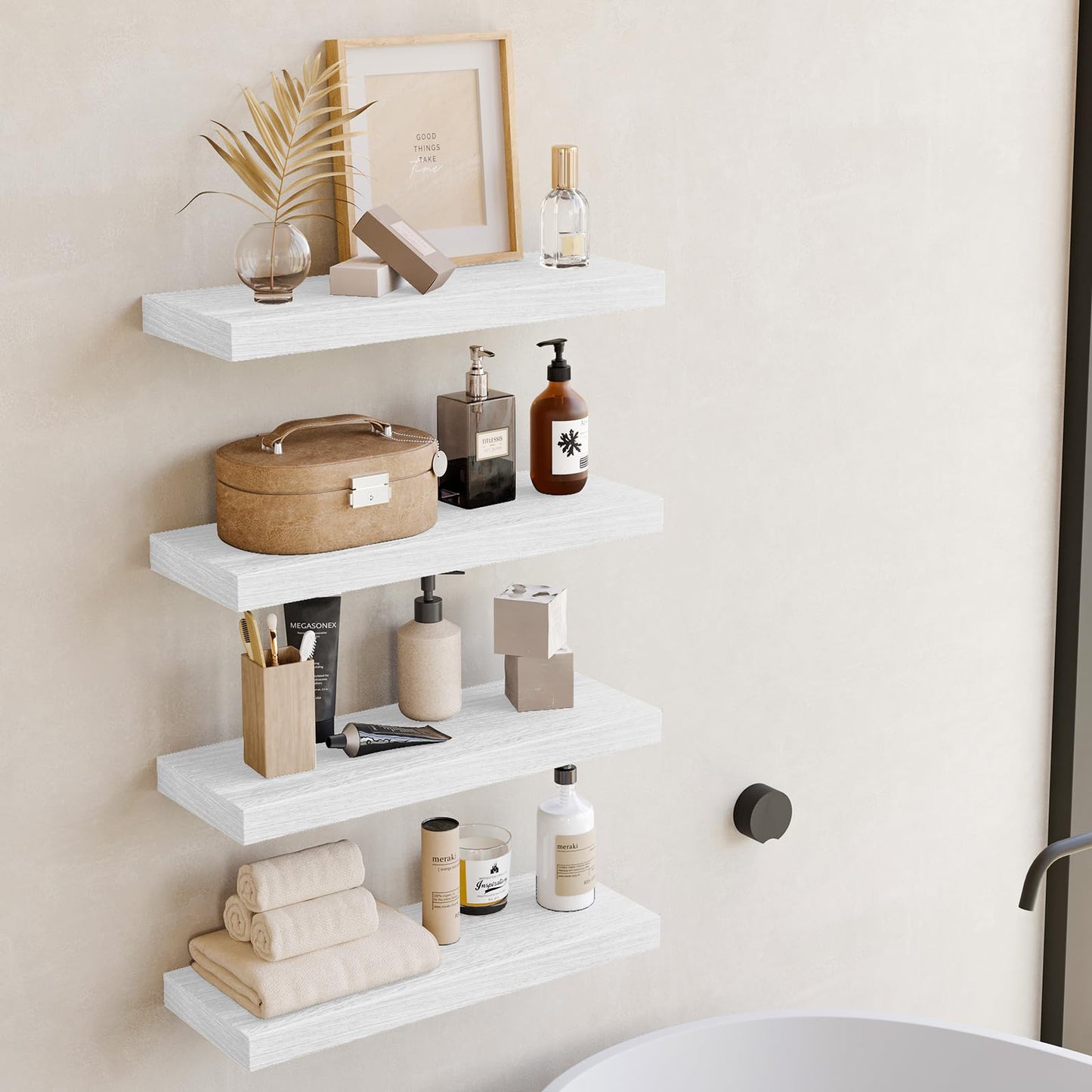 Fixwal White Shelves for Wall, 15.8in Rustic Wood Finish Floating Wall Shelves Set of 4, Shelves for Wall Decor, with Invisible Brackets for Bathroom, Living Room,Bedroom and Kitchen