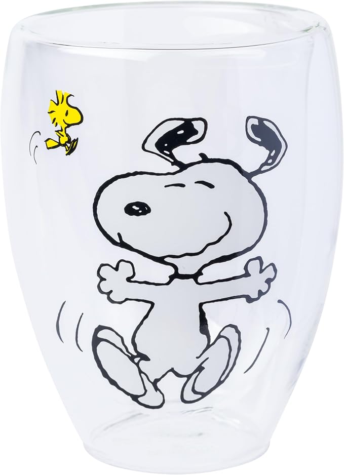 Silver Buffalo Peanuts 2 Piece Double Walled Glass Set Featuring Snoopy, Woodstock, and Charlie Brown, 12.5 Ounces