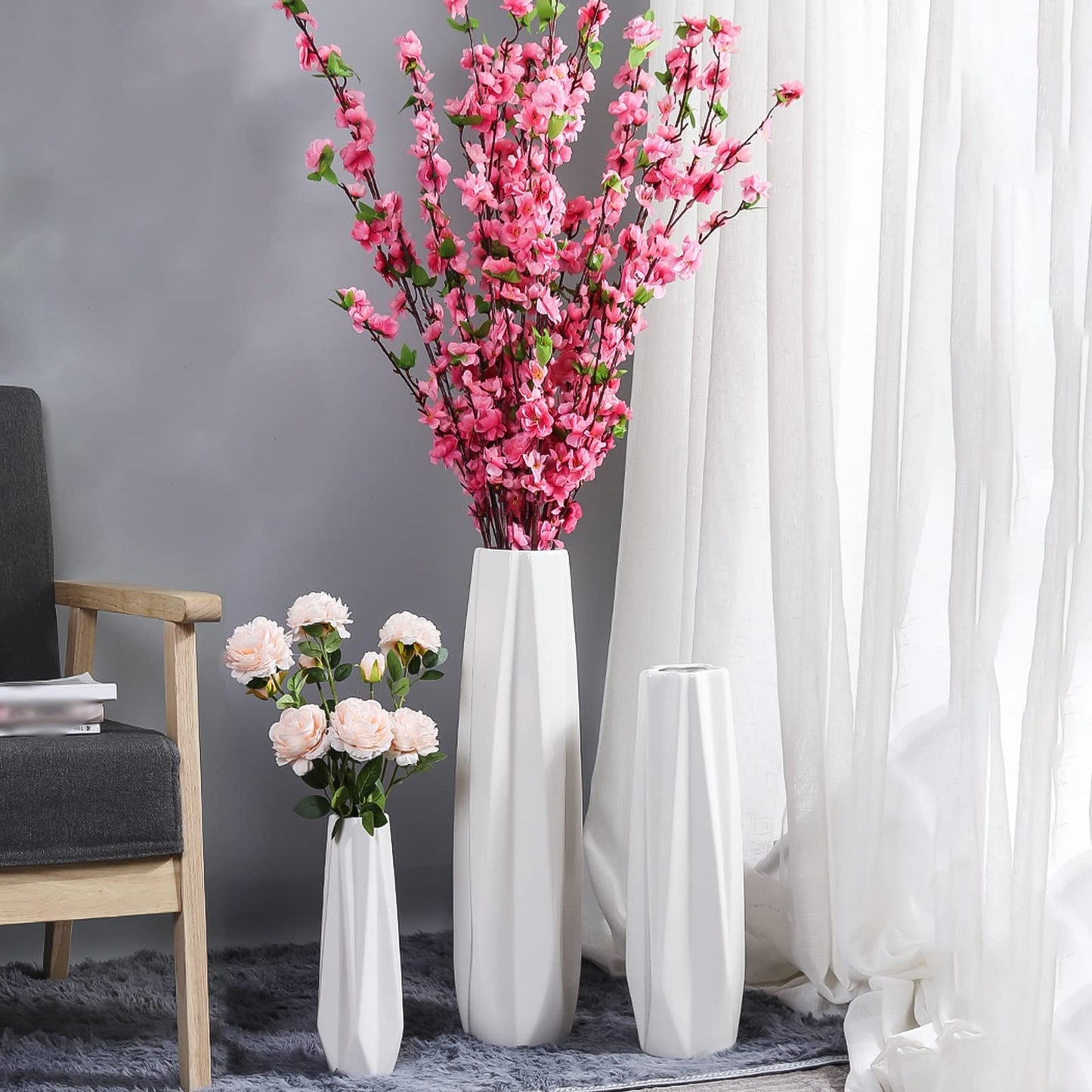 FKTHYO Floor vase Accessories Large Floor Vase,White Ceramic Vase,Handcrafted,Sophisticated Vessel for Decorative Branches and Dried Flowers (White 45cm)