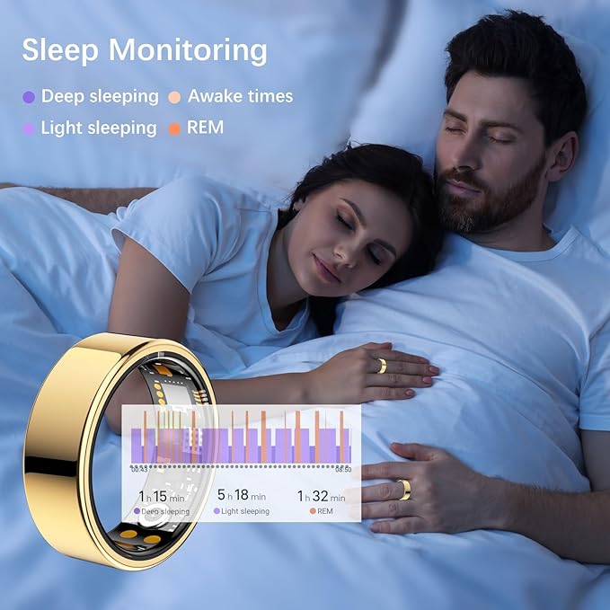Ring Health Tracker for Women Men, Fit Ring with Heart Rate, Blood Oxygen, Sleep Monitor, Calories, Step Counter, IP68 Waterproof Smart Ring for iPhone & Android, No Subscription Fee (Gold, 11#)