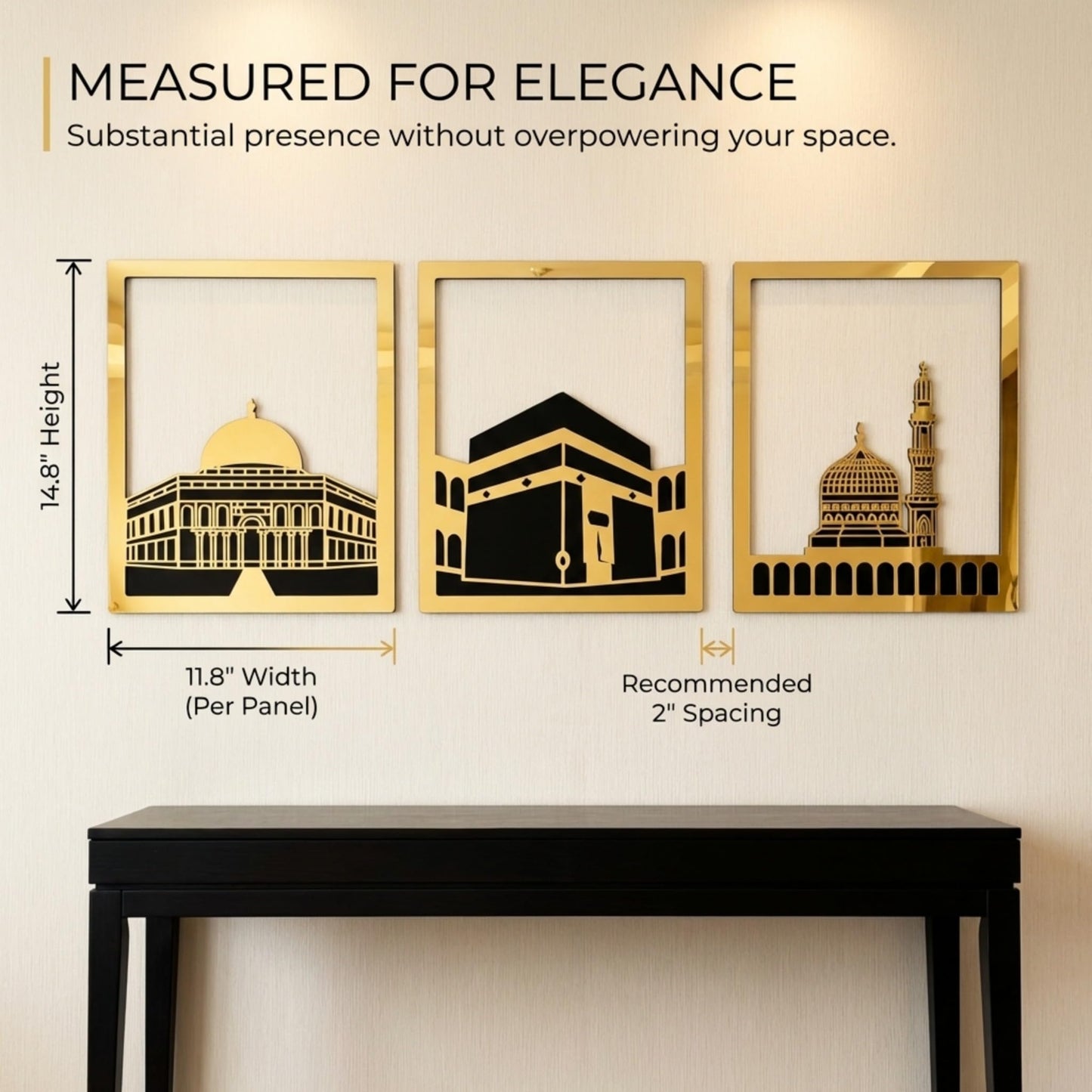 iwa concept Masjid Al Aqsa, Kaaba & Masjid An-Nabawi Islamic Wall Art, Wooden Blessed Places Islamic Wall Decor, Gift for Muslims at Ramadan Eid (Small, Gold | All Three)