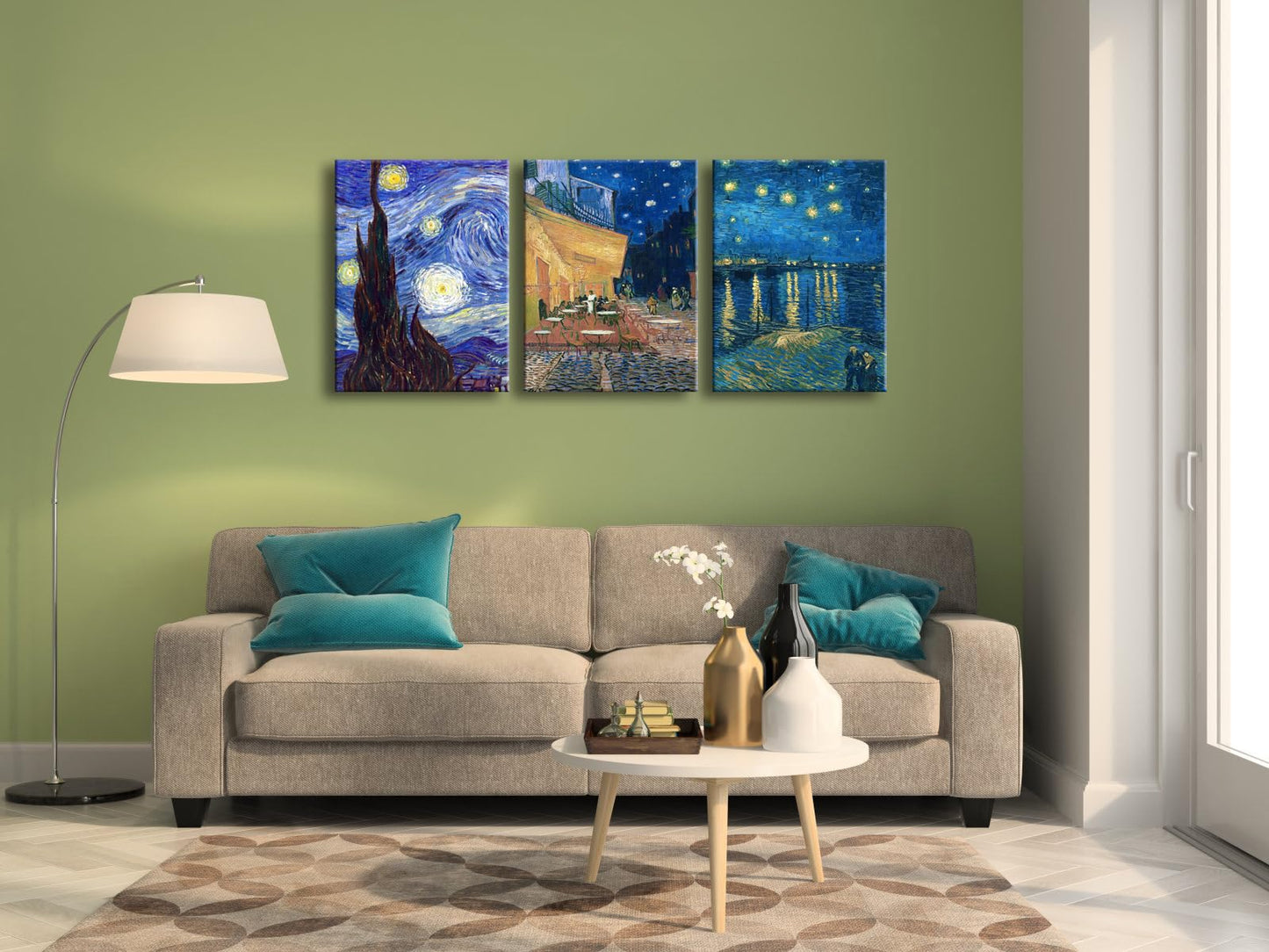 Wieco Art 3 Panels Canvas Prints of Vincent Van Gogh Paintings Reproduction Starry Night Over the Rhone Cafe Terrace at Night Canvas Wall Art for Living Room Home Office Decor