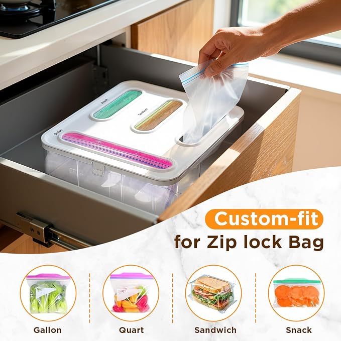 OUTXE Bag Organizer for Drawer + Fridge, Magnetic Kitchen Baggie Storage | Pantry Organization for Ziplock Plastic Food Bags | Compatible with Snack Sandwich Quart Gallon (White)