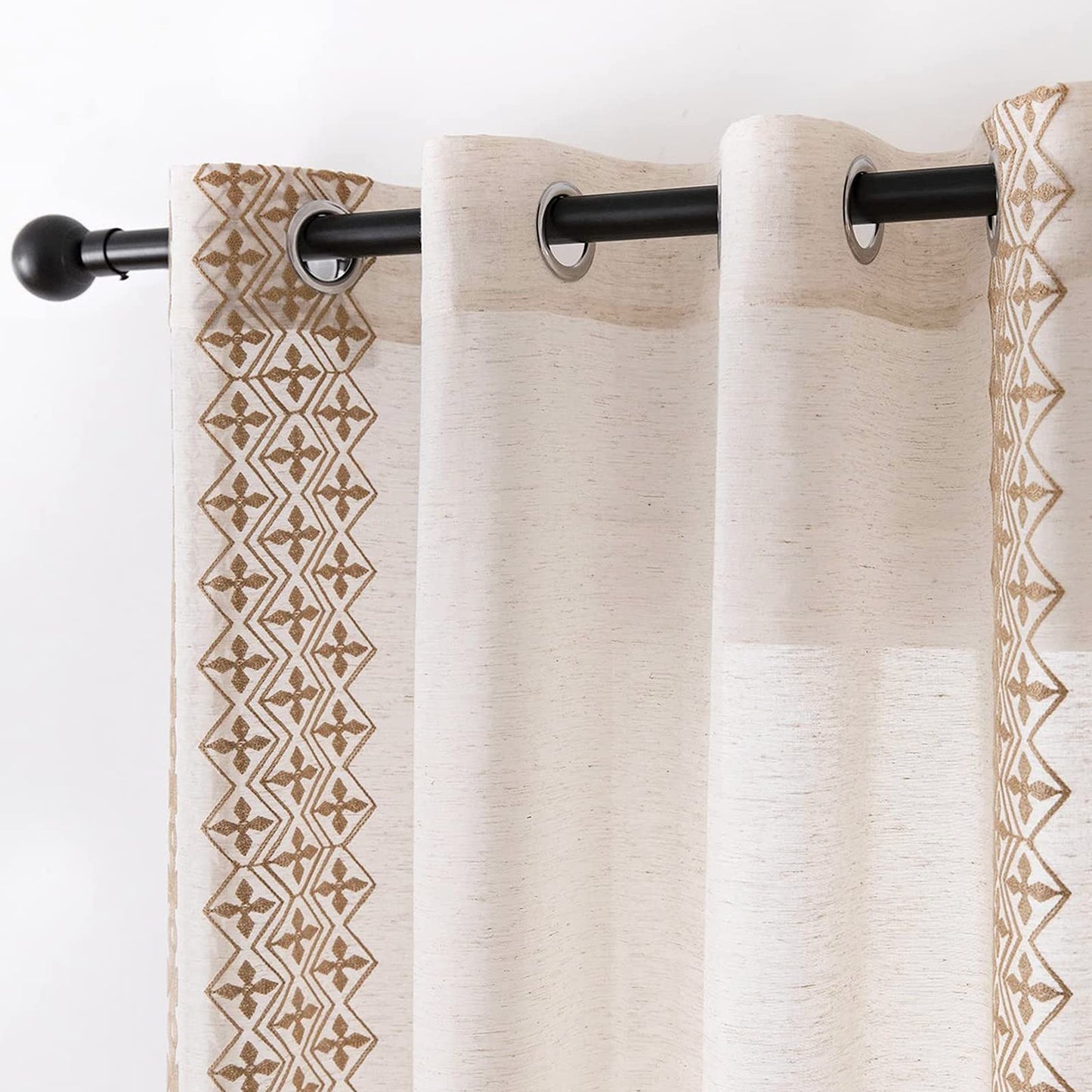 Boho Curtains for Living Room Bedroom Cream Sheer Curtains 84 Inches Long 2 Panels set Grommet Beige Embroidered Curtains Neutral Bohemian Window Curtains for Rustic Farmhouse Decor, 52x84 Taupe