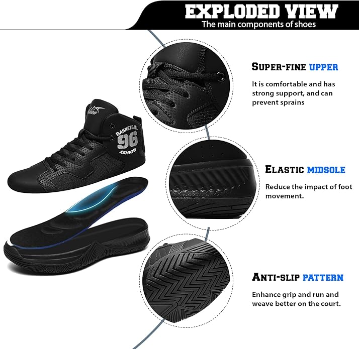 ASHION Kids Basketball Shoes Boys Girls Sneakers Mid-Top Lace Up Cushion Anti Slip Athletic Outdoor Sport Shoes for Unisex-Child