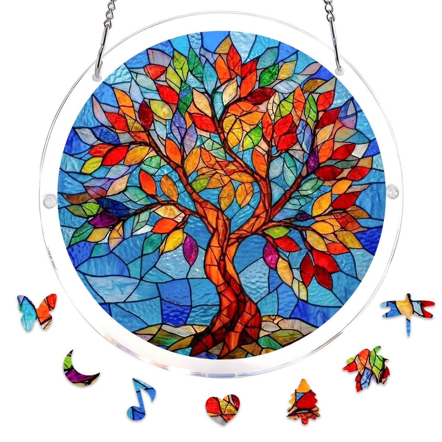 Jollitot Acrylic Puzzle for Adults, Tree of Life Stained Glass Style Acrylic Jigsaw Puzzle Suncatcher Window Hanging, DIY Sun Catcher Puzzle with Unique Irregular Pieces, Home Decor Gift for Women Mom