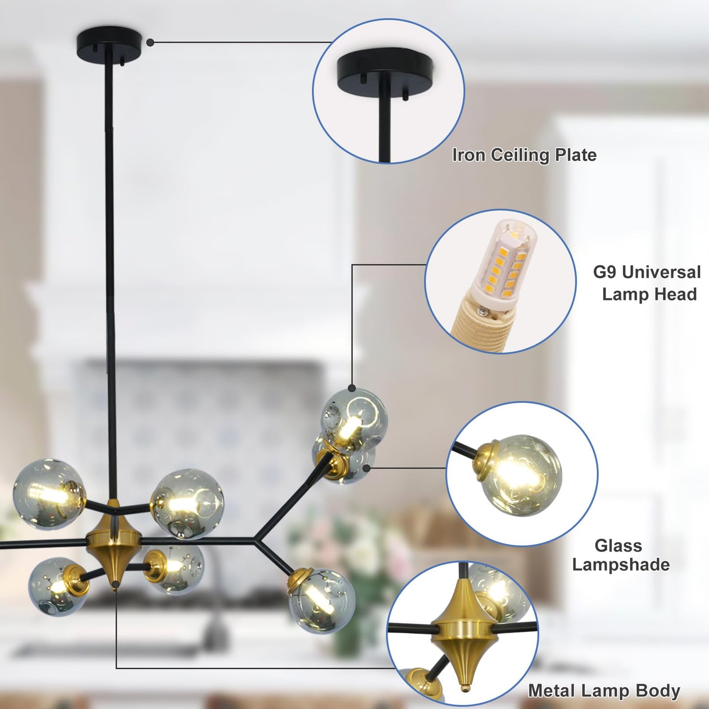 Depuley Glass Globe Sputnik Chandelier: 10-Light Modern Matte Black and Gold Ceiling Light Fixture - Vintage Hanging Chandeliers for Living Room Kitchen Dining Room Bedroom (Included G9 Bulbs)