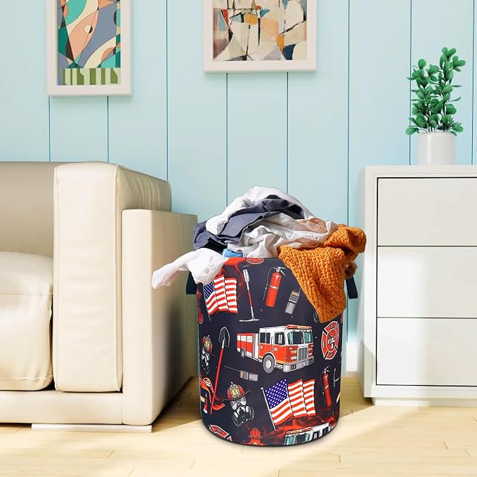 Fire Truck Fireman Laundry Basket Firefighters Oxford Cloth Laundry Hamper With Handle Foldable Portable Clothes Storage Basket 18.9 X 16.5 In Storage Bag For Laundry Room/Bathroom/Bedroom/Dormitories