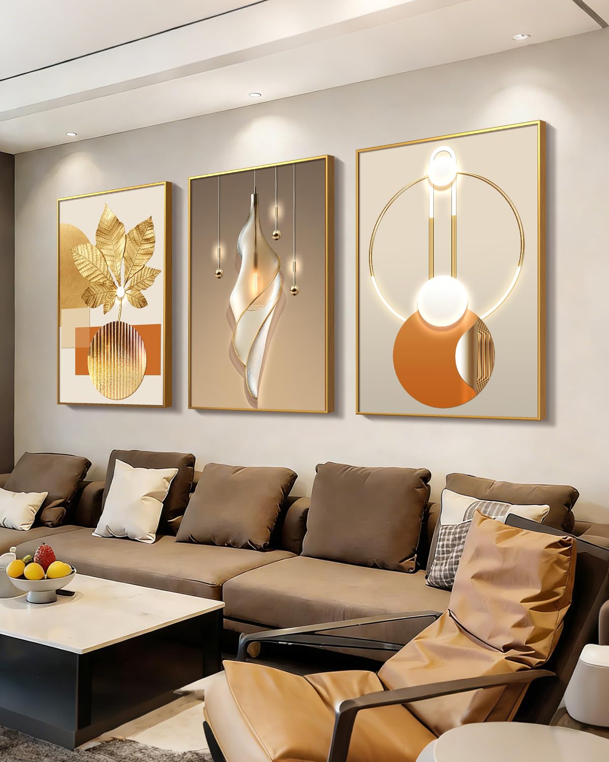 Azartslr Large Framed Modern Rose Gold Wall Art, Luxury 3 Pieces Aluminum Alloy Wall Decor for Living Room, Abstract Gold and Beige Home Bedroom Art Painting, Geometric Crystal Porcelain Artwork Dining Room Pictures Decoration 16x24in
