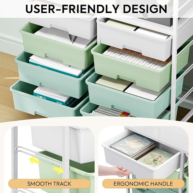 Rolling cart with 8 drawers,Storage drawer cart with wooden tabletop,Lockable wheels organizer for homeschool, arts & crafts, classroom, office & creative spaces (Green)