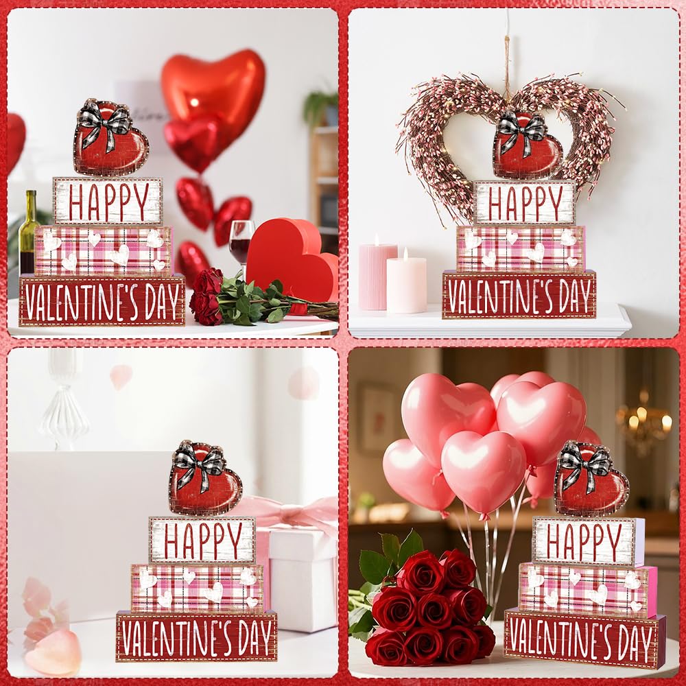 DIYDEC 4Pcs Valentine's Day Table Decoration Valentine Heart Wooden Block Signs Rustic Valentines Tiered Tray Decor Happy Valentine's Day Centerpiece Sign for Farmhouse Holiday Tabletop Party Decor