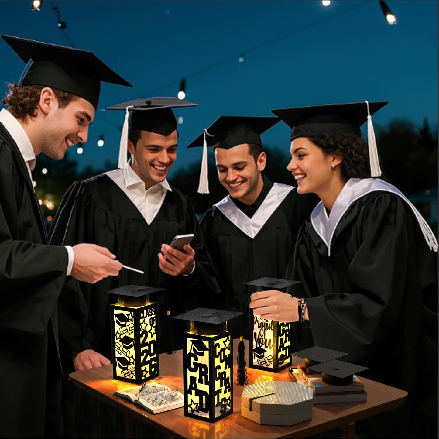 6 Pcs Graduation Table Centerpieces Boxes Class of 2026 Graduation Paper Lanterns Boxes with LED Hollow Out Black for Congrats Grad School College Table Decorations Grad Party Photo Props