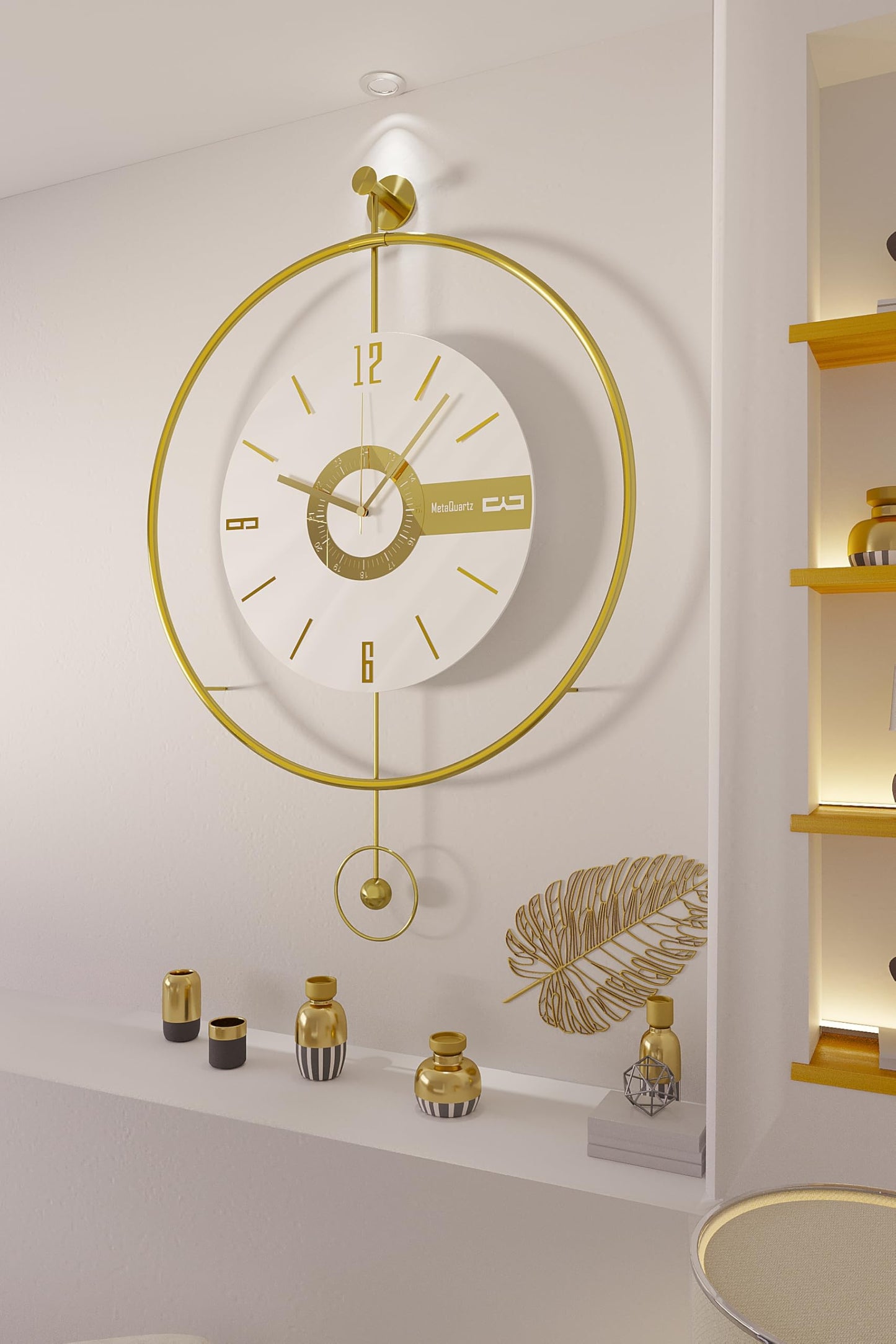 FUNTLY Large Luxury LED Backlit Wall Clock – Pendulum Roman Numeral Metal Ring, Silent Non-Ticking Decorative Clock for Living Room Bedroom Entryway, Modern Halo Glow (Elit Gold)