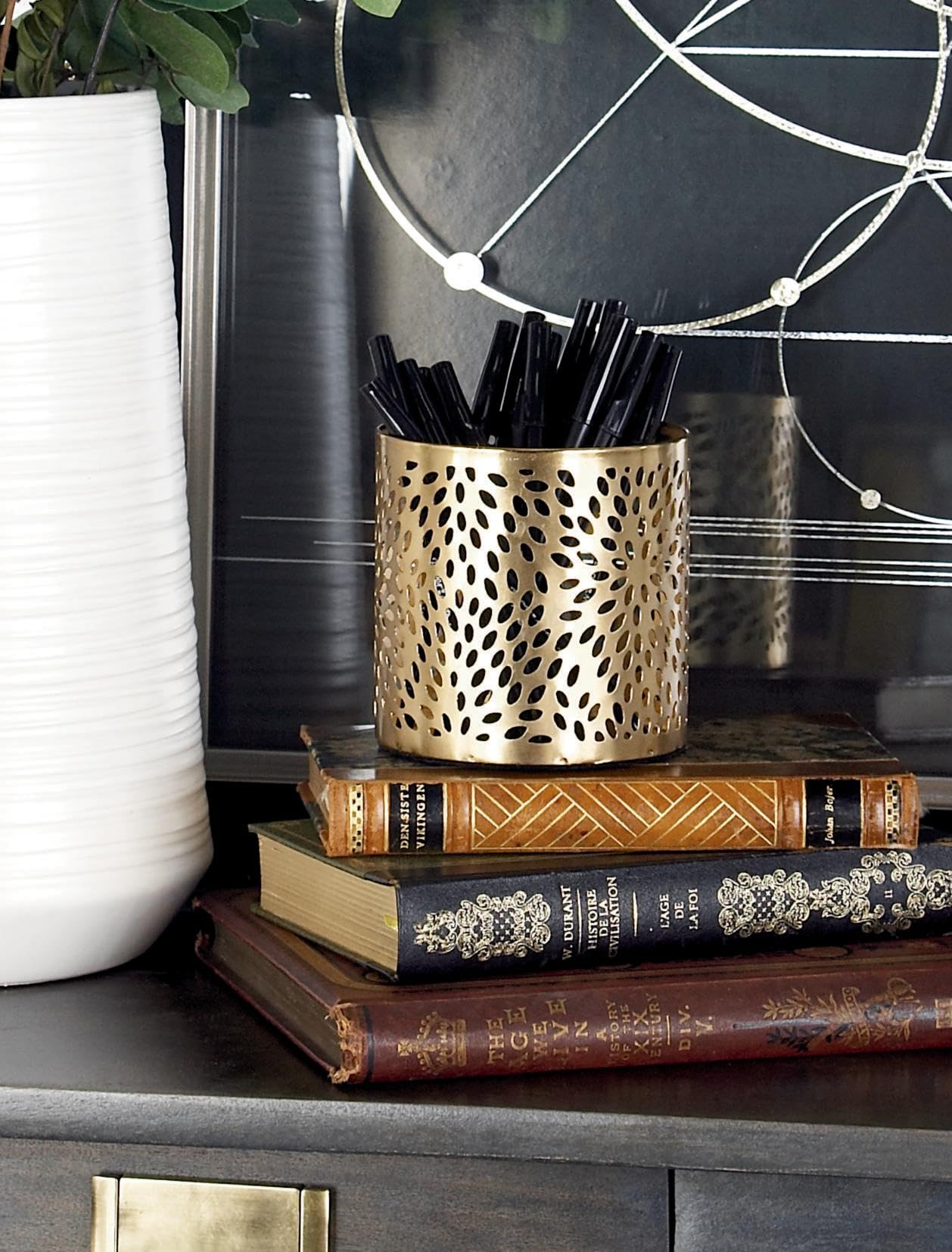Deco 79 Metal Cylinder Pencil Cup with Laser Carved Floral Design, 4" x 4" x 4", Gold