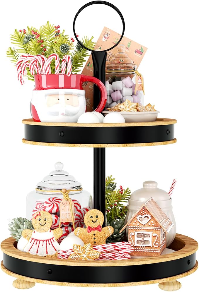 Urban Deco Wood Tiered Tray - 2-Tiered Farmhouse Serving Tray with Metal Handle for Kitchen Counter or Living Room Table