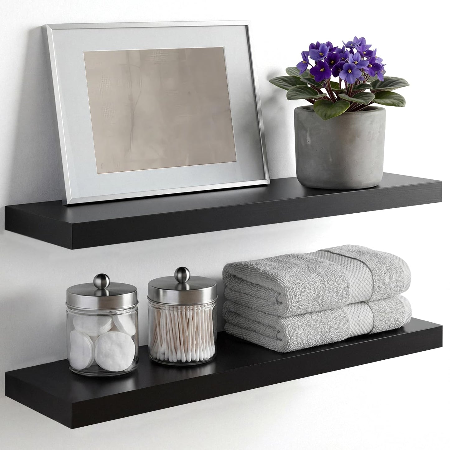 Homeforia Black Floating Shelves 24 inch, High End Solid Real Wood 24inch Bathroom Floating Shelf for Wall Mounted, Black Wooden 24in Floating Shelves, Heavy Duty Bracket, 24 X 6.5 X 1.75 in, Set of 2