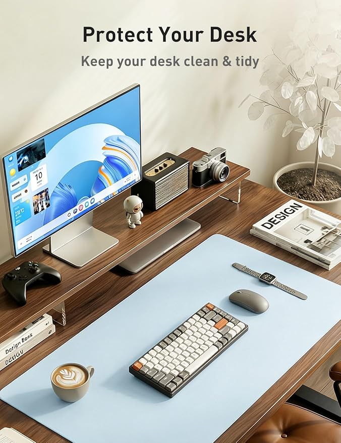 Aothia Faux Leather Desk Mat - Non-Slip PU Leather Desk Blotter, Waterproof Writing Surface, Large Desk Pad for Office & Home (Baby Blue, 55" x 17")