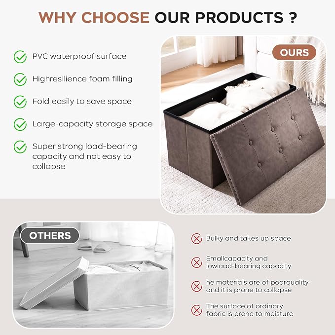 30 Inches Storage Ottoman Bench, Foldable Foot Rest with Rivet Design, 15 x 30 x 15 Inches, End of Bed Bench Footstool, Storage Chest, Load up to 330 lb, for Living Room, Bedroom, Entryway, Oak Brown