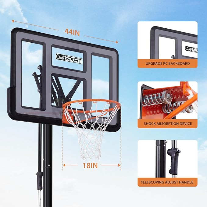 Portable Basketball Hoop Outdoor, 4.8-10FT Height Adjustable Basketball Hoop Goal System with 44/48 Inch Impact Backboard and Portable Wheels for Adults