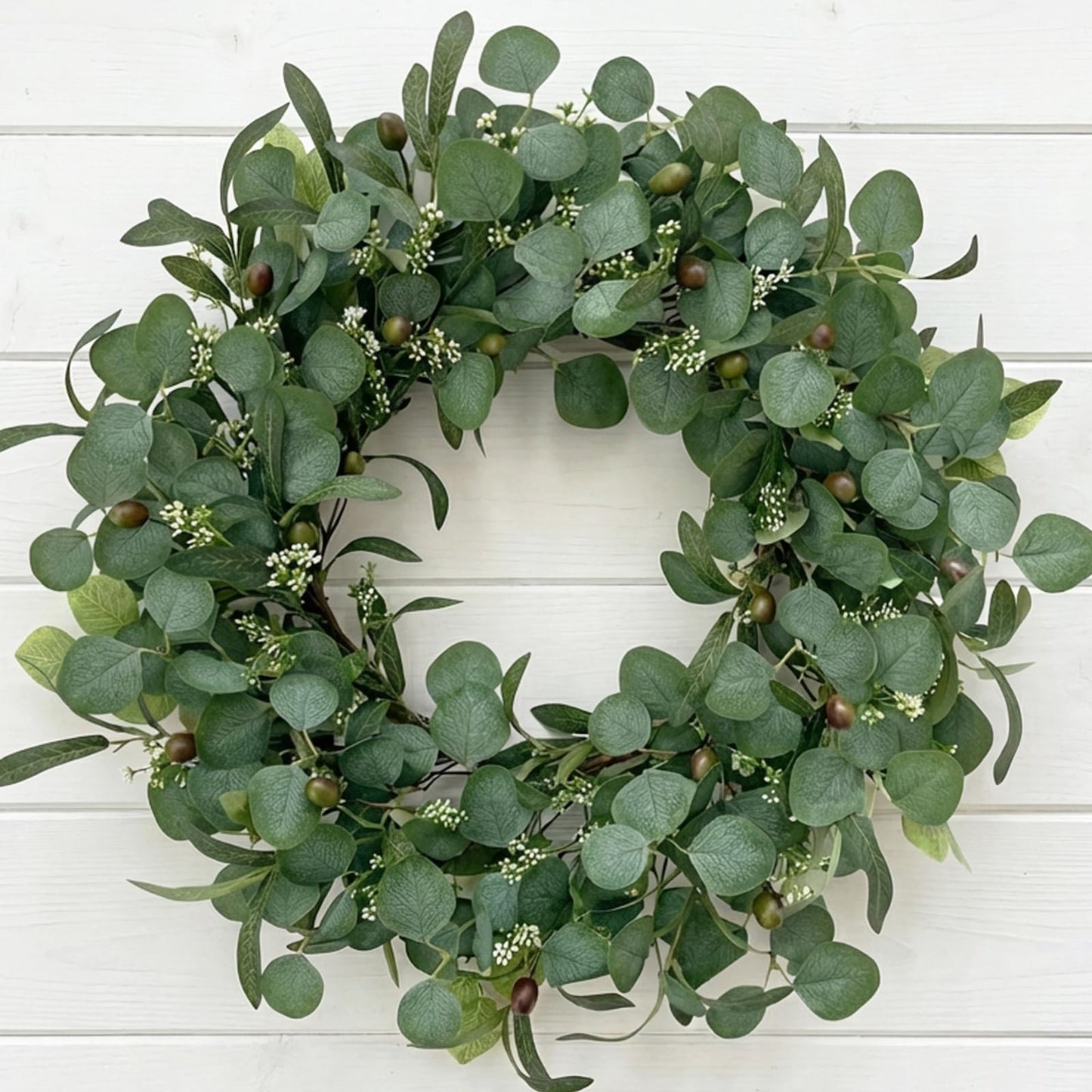 GinzeTop 24 Inch Eucalyptus Wreath for Front Door, Large Artificial Greenery Wreaths with Olive Leaves and Berries, Farmhouse Spring Summer Decor for Porch, Wall, Window, All Season