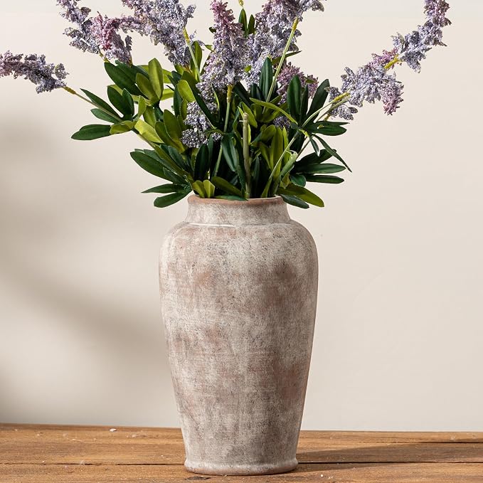 Ceramic Rustic Vase, Large Flower Vase Tall Farmhouse Decorative Vase Floral Pottery Vases for Home Decor Table Living Room Entryway Mantel Bedroom Bathroom Kitchen - 11 Inch Rustic