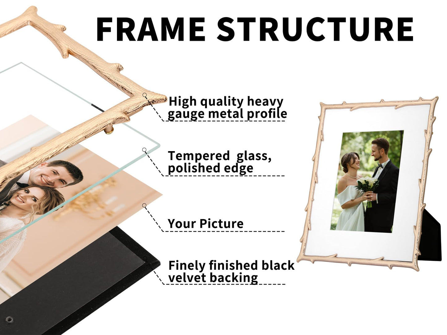 GorYeeFine 4x6'' Gold Tree Branch Picture Frame,Luxury Zinc Alloy Photo Frame with Velvet Backing & Tempered Glass,Wedding Gift/Home Decor for Cherished Memories