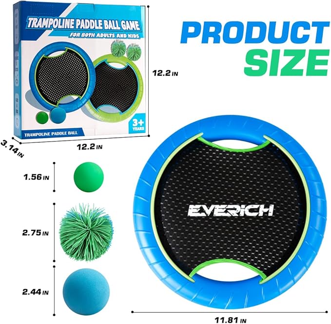 EVERICH TOY Trampoline Paddle Ball Set with 2 Bouncy Paddles & 4 Balls - Soft Foam Design for Kids Play Indoor Outdoor Beach Backyard Lawn - Great Gift Idea for Boys & Girls