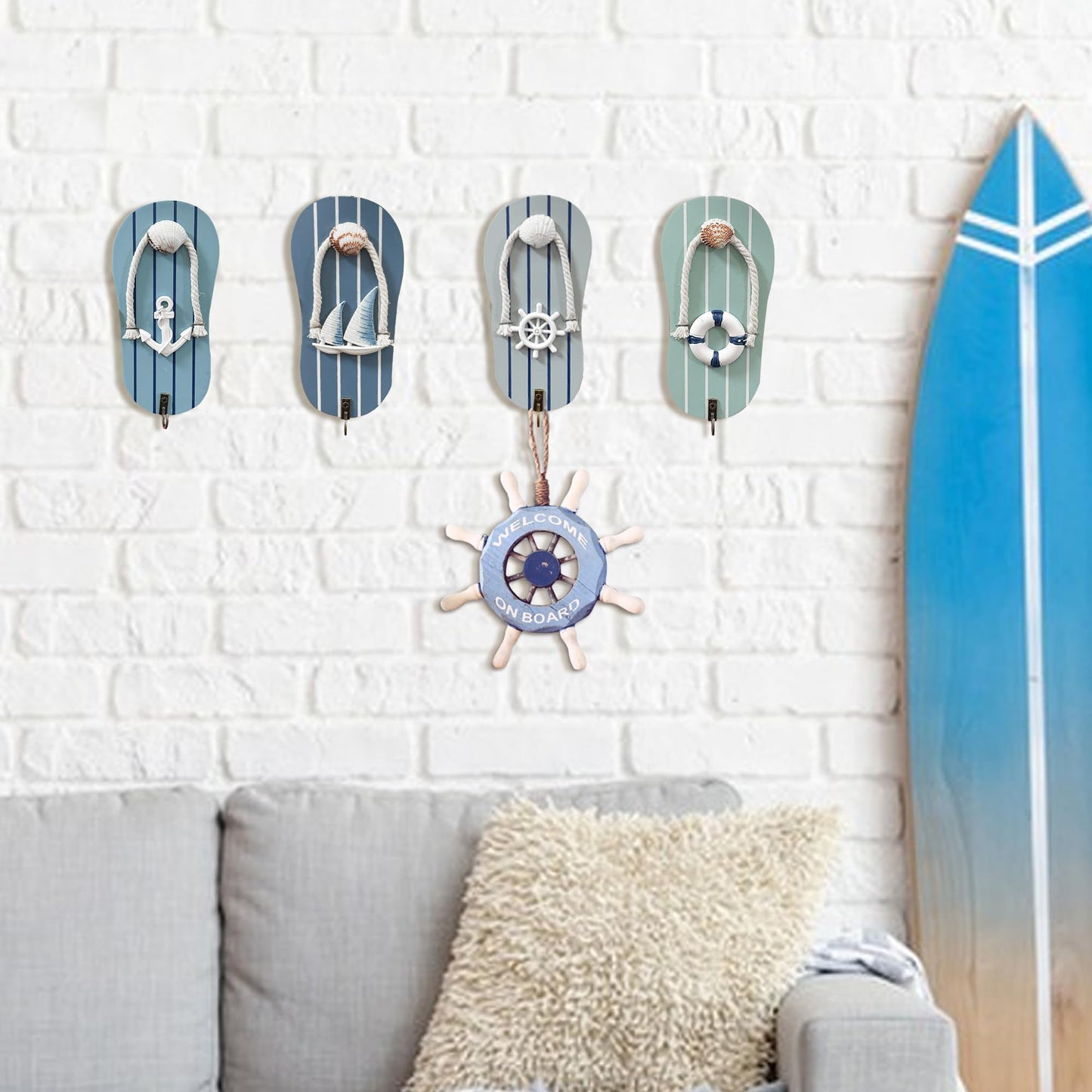 KYIEN Cute Flip Flop Small Towel Wall Hooks- Wooden Beach-Themed Rack with Metal Hooks (9.3") - Coastal Decor for Bathroom & Poolside, Beach Houses for Hanging Key Purse (Blue and White)