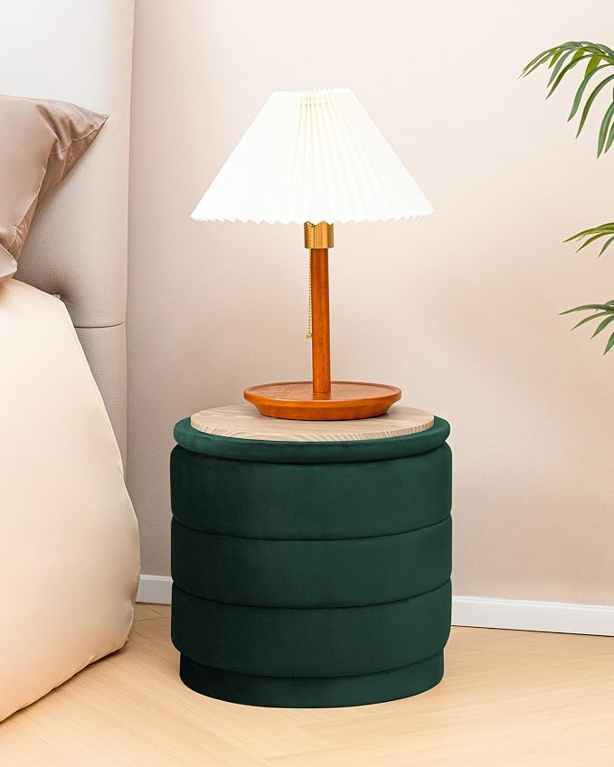 B FSOBEIIALEO Round Velvet Storage Ottoman with Tray, Folding Ottoman with Storage Coffee Table Foot Rest for Dorm Room, Living Room Bottle Green, 15.35"x15.35"x14.57"